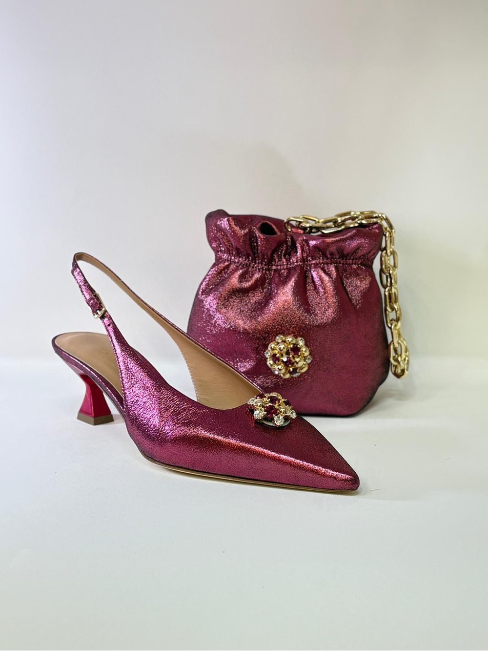 Italian Shoemakers Metallic Pink Slingback & Matching Mini Bag